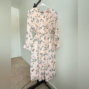 Elegant Floral Long Sleeve Dress - Cream and Blue